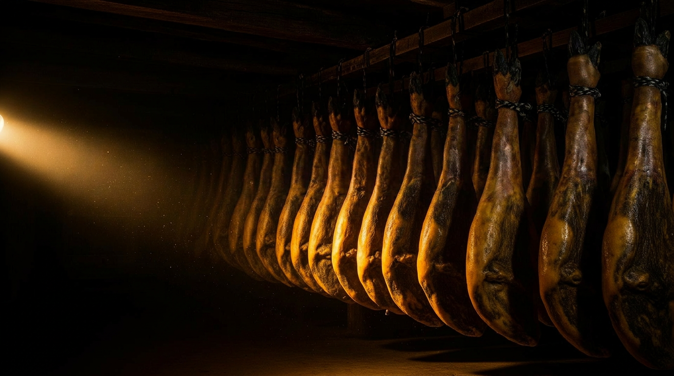 Boutique ibérique : jambons suspendus et comptoir traditionnel